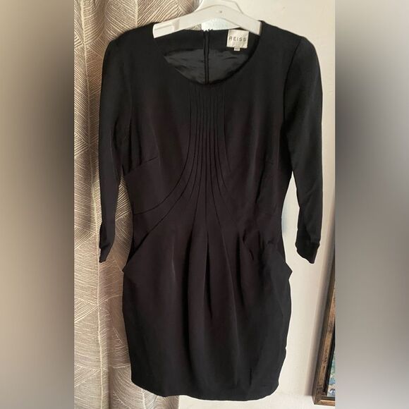 Reiss Pleated Front Black Dress Back Zip Closure Side Pockets Stretchy Sz 6 - Picture 2 of 11